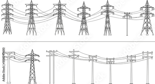 Electricity pylons and utility poles vector, power lines infrastructure layout, detailed black wire connection sketch, grid system engineering illustration