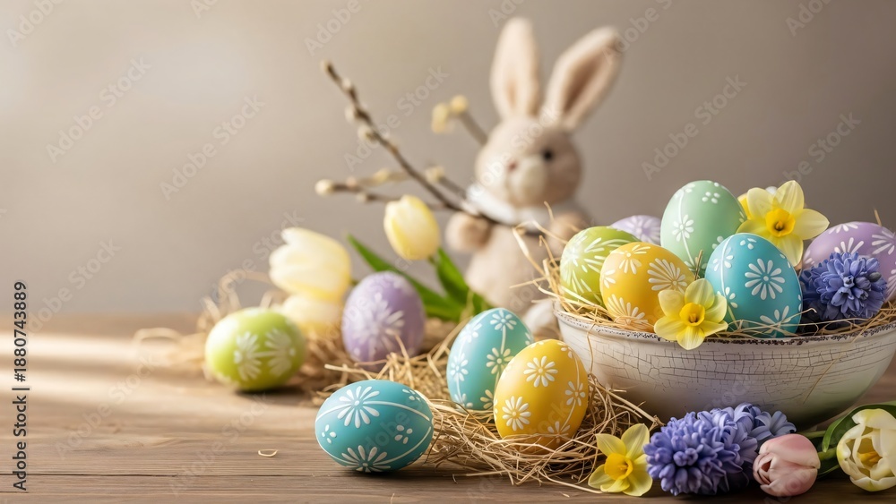 Obraz premium Festive Easter scene with colorful decorated eggs and cute rabbit toy. Spring holiday celebration and tradition for greeting card.