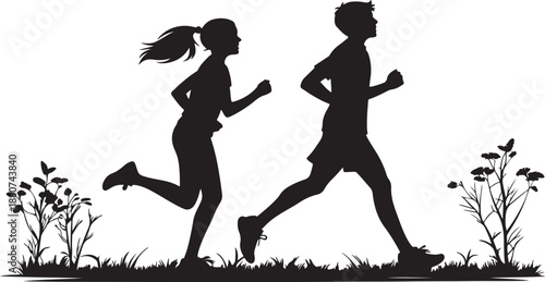 Couple jogging together in silhouette illustration