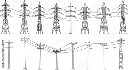 Electric transmission towers and utility poles, vector engineering drawing, power lines infrastructure layout, black wire cable structure, detailed grid system