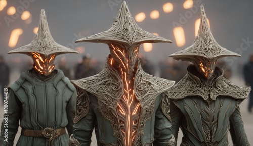 Wallpaper Mural Three figures with intricate headgear and glowing facial details, standing amidst a crowd Torontodigital.ca