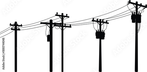 Electric power line vector illustration, utility poles with transformers, black silhouette style, CAD engineering drawing, high voltage cable infrastructure