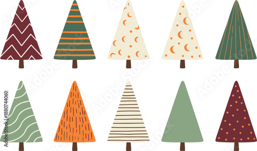Cute stylized Christmas trees set in warm autumn colors, minimalist forest illustration perfect for holiday decor, nursery art, and seasonal clipart