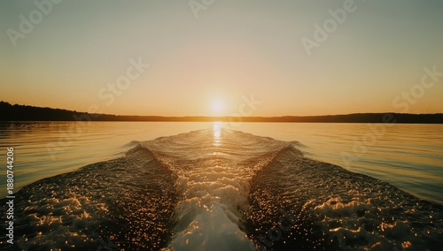 Sunset Over Water With Boat Wake Leading Towards Horizon at Serene Lakeside