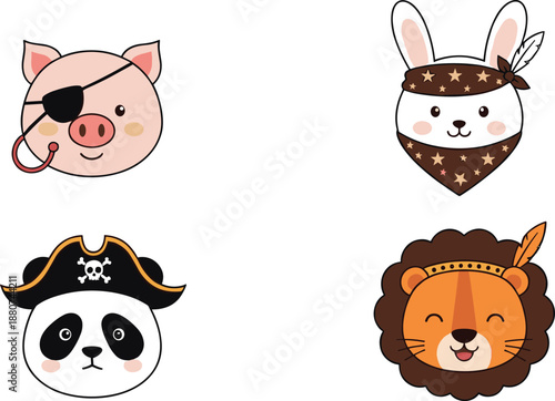Cute pirate animal faces illustration with pig, bunny, panda, and lion, adorable cartoon characters for kids, nursery, and clipart designs