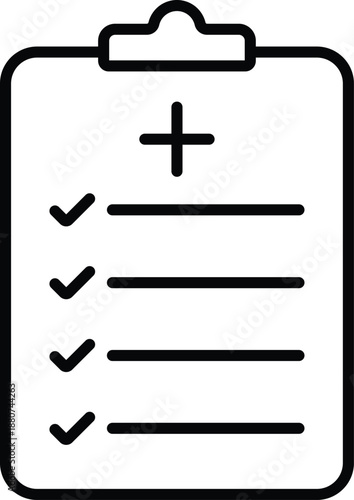 Clipboard Checklist with Plus Symbol Line Icon, Task List and Medical Form Outline Vector