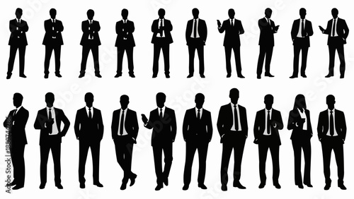 A collection of silhouetted businessmen in suits and ties showcasing various poses and professional attire high quality detailed