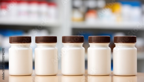 Wallpaper Mural Row of white pill bottles with brown caps on a wooden surface, blurred pharmacy background Torontodigital.ca