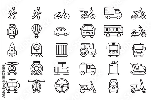 Transportation line icon pack for mobility apps, logistics dashboards, travel platforms