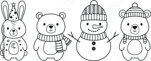 Cute winter animal coloring page set with bunny, bears and snowman, cozy holiday line art illustration for kids activities