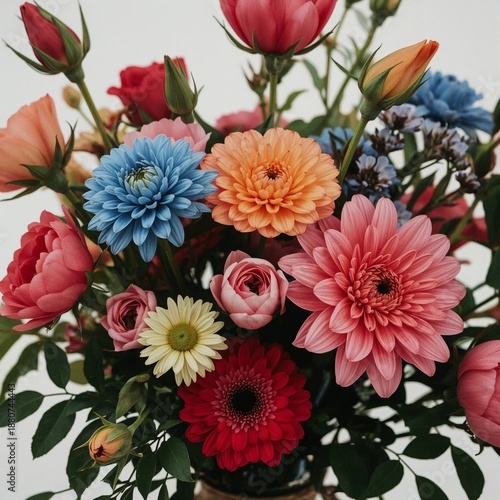 Colorful Bouquet of Various Flowers Arranged in a Vase for Celebration or Dec...