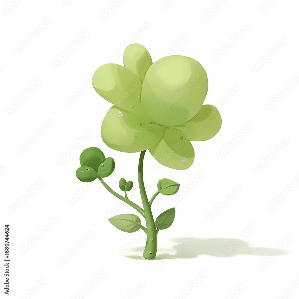 Obraz premium Bright green cartoon plant with round leaves and petals
