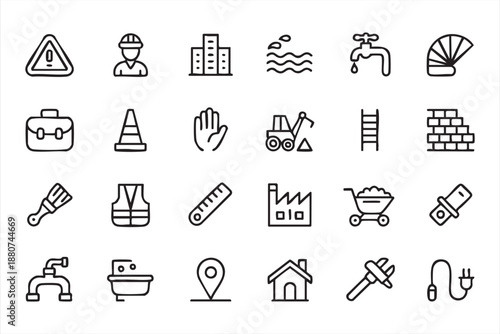 Construction safety line icons for industrial dashboards, factory management software