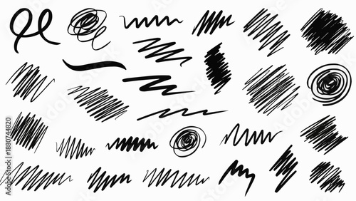 An assortment of abstract black scribbles and various hand drawn line patterns displayed against a clean white background