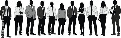 Diverse group of business professionals standing in formal attire, teamwork, corporate leadership, confident men and women, office environment, collaboration, success, business meeting, career growth