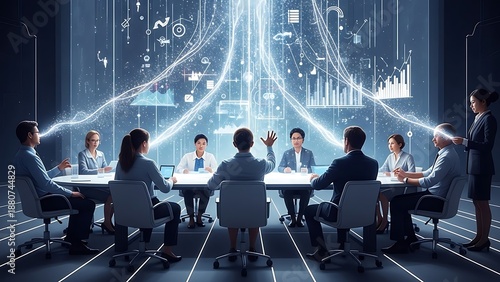 Business professionals collaborating around a futuristic table with digital projections and data visualizations in a modern office setting from a high vantage point