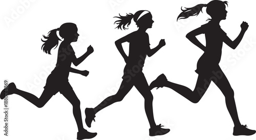 Girls jogging silhouette illustration in various poses and colors