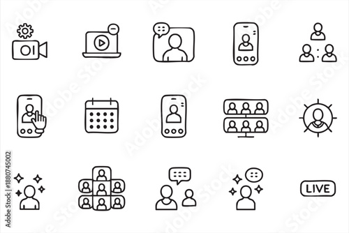 Livestream and virtual event line icons for creator tools, audience engagement dashboards