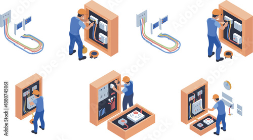 Electrician installing and repairing electric panel, circuit wiring, sockets and fuses, working with tools, power box maintenance isometric vector illustration.