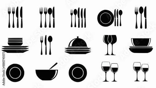 A collection of black silhouette icons depicting various dining utensils plates and glassware for restaurant or kitchen use