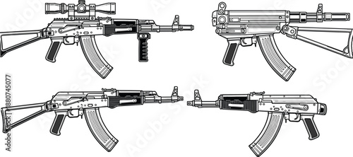 Detailed AK style rifle line art set, technical vector illustrations of assault rifle variations, weapon schematics, black and white engineering drawing collection