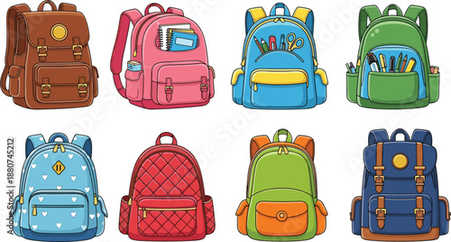 Collection of colorful school backpacks and rucksacks with school supplies and stationery items isolated on white background for back to school marketing and education posters