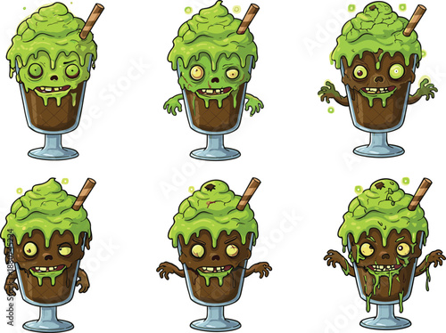 Cute zombie ice cream characters set with green slime, spooky dessert illustrations for Halloween, cartoon monsters, sweet treats, fantasy food art collection