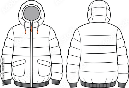 Front and back view of hooded puffer jacket vector illustration, winter quilted coat flat sketch, outerwear fashion design template for apparel product presentation