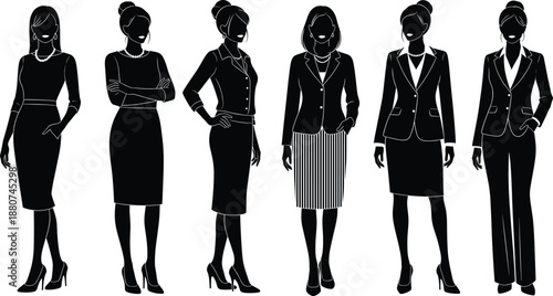 Elegant professional businesswomen standing confidently in formal attire, suits, skirts, high heels, diverse styles, leadership, corporate team, isolated white background.