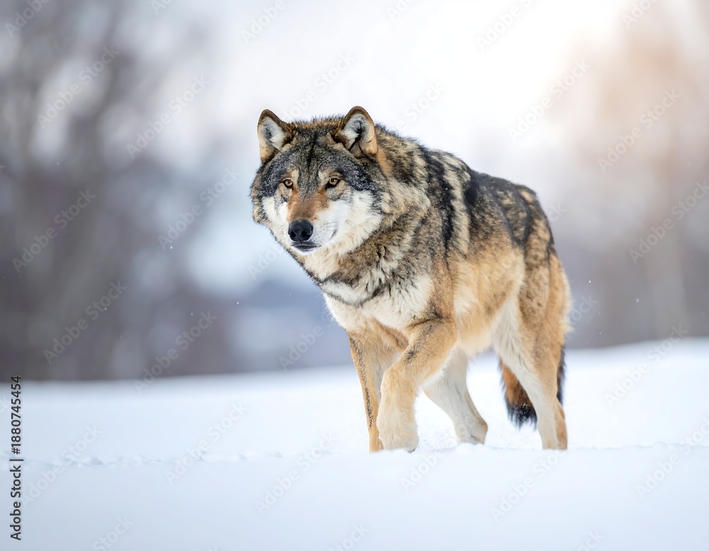 Obraz premium A solitary wolf strides confidently across a snow-covered landscape