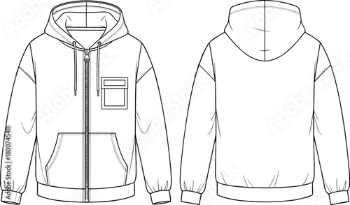 Front and back view of zip hoodie jacket vector illustration, casual hooded sweatshirt flat sketch, modern streetwear fashion design template for apparel presentation