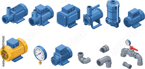 Isometric set of industrial water pumps electric motors blue centrifugal machinery pressure gauges and plumbing pipe fittings isolated on white background for engineering infographics