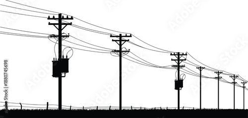 Electric utility poles with transformers and power lines in rural area, silhouette of electricity distribution infrastructure over countryside landscape and grassy field
