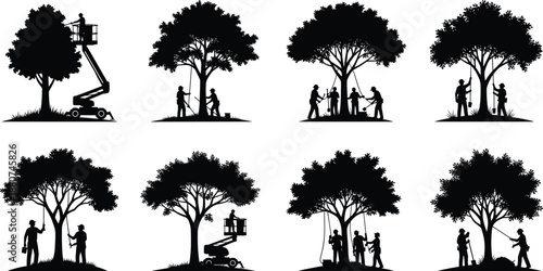 Tree maintenance silhouettes set, arborist workers pruning and trimming trees, landscaping service scenes, vector collection, nature care concept, flat design isolated on white