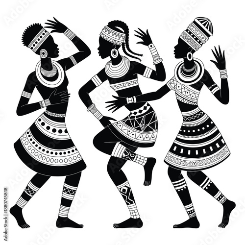 Three african women in traditional dress performing a cultural dance