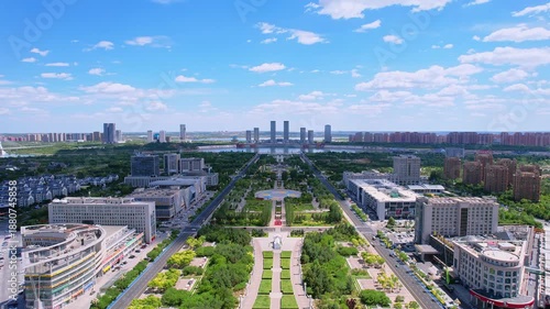 Aerial view of Two Steeds Square in Kangbashi New District, Ordos, Inner Mongolia, China