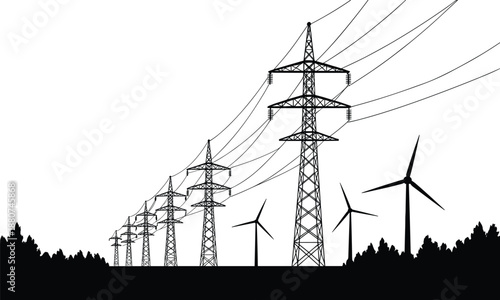 Electricity transmission towers and wind turbines silhouette, illustrating renewable energy, power grid infrastructure, sustainable electricity generation, and environmental technology in rural