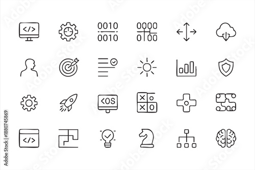 Code and algorithm line icons for engineering dashboards, analytics software