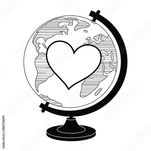 A globe with a heart symbol superimposed representing global love