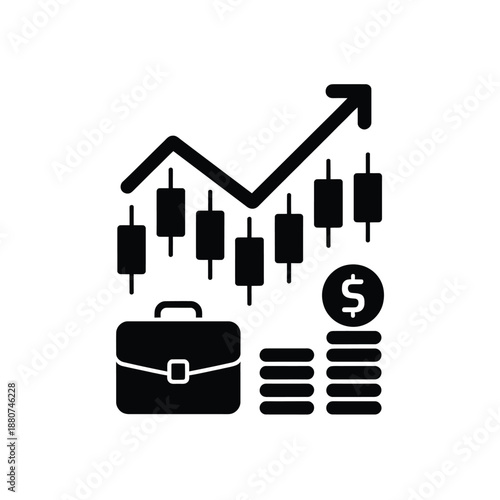 Stock market analysis with briefcase growth chart and currency symbols