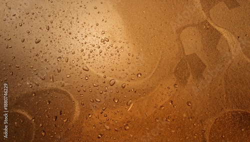 Water Droplets Rest on a Surface With a Warm Orange Background at Sunset