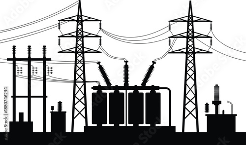 Electric power station silhouette with high voltage transmission towers, industrial energy infrastructure, electricity distribution system, black vector illustration on white background.