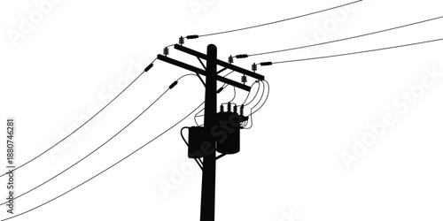 Electric utility pole silhouette with transformer and power lines, high voltage distribution system, electrical infrastructure illustration, black vector on white background.