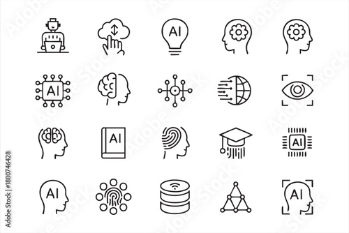 Artificial intelligence line icons for machine learning dashboards, data science UI
