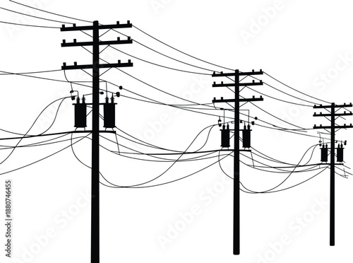 Electric power poles with tangled overhead wires and transformers, utility infrastructure silhouette for urban energy, electricity distribution, transmission, and industrial design use.