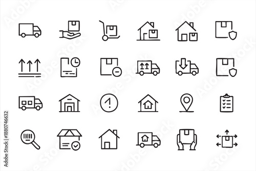 Delivery logistics line icons for shipping management dashboards, courier software