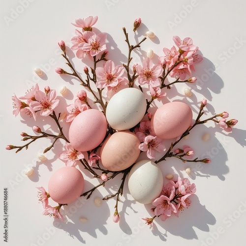 Spring Eggs and Cherry Blossom Flowers Create a Colorful Scene for Celebratio...