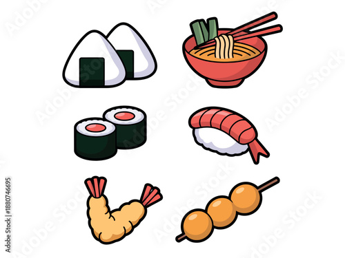 Colorful Japanese Food Icons Set Including Sushi, Ramen, and Seafood on White Background