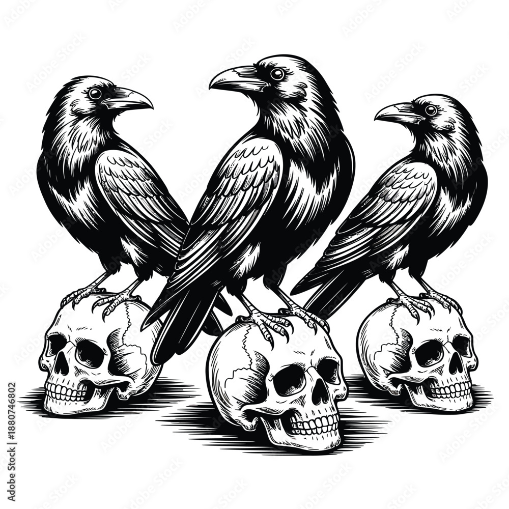 Obraz premium Three ravens perched on human skulls a dramatic gothic illustration