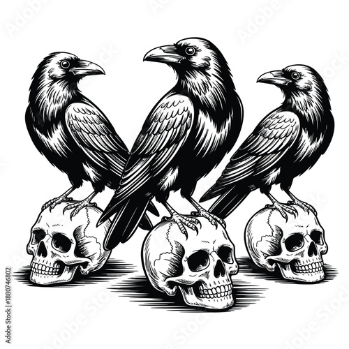 Three ravens perched on human skulls a dramatic gothic illustration